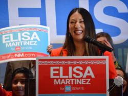 Republican Elisa Martinez speaks to supporters in Albuquerque, N.M., on Wednesday, Nov. 20, 2019, after she announced she will seek the GOP nomination for an open U.S. Senate seat in New Mexico. The Latina Republican and member of the Navajo Nation will face contractor Mick Rich and college professor Gavin Clarkson in the Republican primary. (AP Photo/Russell Contreras)