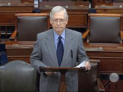 In this image from video, Senate Majority Leader Mitch McConnell of Ky., speaks after the Senate received the articles of impeachment against President Donald Trump from the House of Representatives at the Capitol in Washington, Wednesday, Jan. 15, 2020. (Senate Television via AP)