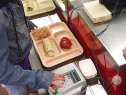 FILE - In this Thursday, May 4, 2017 file photo, a third-grader punches in her student identification to pay for a meal at Gonzales Community School in Santa Fe, N.M. The Trump administration is proposing a rollback of nutrition guidelines for federal school meals programs that had been promoted by Michelle Obama as part of her campaign to combat child obesity. (AP Photo/Morgan Lee, file)