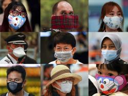 In this Wednesday, Jan. 29, 2020, combination of photos, people wear various masks as they wait at immigration counter at Kuala Lumpur Low Cost Terminal in Sepang, Malaysia. Face masks are in short supply in parts of the world as people try to stop the spread of a new virus from China. Health officials recommend strap-on medical masks for people being evaluated for the new virus, their household members and caregivers. (AP Photo/Vincent Thian)