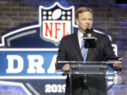 FILE - In this April 25, 2019, file photo, NFL Commissioner Roger Goodell speaks ahead of the first round at the NFL football draft in Nashville, Tenn. In a memo sent to the 32 teams Monday, April 6, 2020, and obtained by The Associated Press, NFL Commissioner Roger Goodell outlined procedures for the April 23-25 draft. The guidelines include no group gatherings. (AP Photo/Steve Helber, FIle)