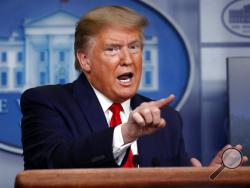 President Donald Trump speaks about the coronavirus in the James Brady Press Briefing Room at the White House, Monday, April 13, 2020, in Washington. (AP Photo/Alex Brandon)
