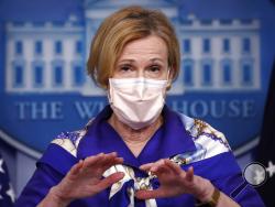 Dr. Deborah Birx, White House coronavirus response coordinator, speaks with reporters about the coronavirus in the James Brady Briefing Room of the White House, Friday, May 22, 2020, in Washington. (AP Photo/Alex Brandon)
