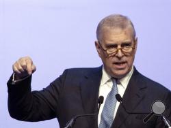 FILE - In this file photo dated Sunday, Nov. 3, 2019, Britain's Prince Andrew delivers a speech during the ASEAN Business and Investment Summit (ABIS) in Nonthaburi, Thailand. Attorneys representing Britain’s Prince Andrew have lambasted U.S. justice authorities, Monday June 8, 2020, for what they described as a violation of commitments to confidentiality in their discussions with him about the late sex offender Jeffrey Epstein.(AP Photo/Sakchai Lalit, FILE)