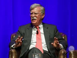 FILE - In this Feb. 19, 2020, file photo, former national security adviser John Bolton takes part in a discussion on global leadership at Vanderbilt University in Nashville, Tenn. An attorney for Bolton said Wednesday, June 10, that President Donald Trump is trying to put on ice publication of the former top administration official’s forthcoming memoir after White House lawyers again this week raised concerns that the book contains classified material that presents a national security threat. (AP Photo/Mark