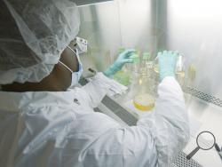 In this May 2020 photo provided by Eli Lilly, a researcher tests possible COVID-19 antibodies in a laboratory in Indianapolis. Antibodies are proteins the body makes when an infection occurs; they attach to a virus and help it be eliminated. (David Morrison/Eli Lilly via AP)