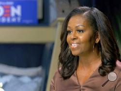 In this image from video, former first lady Michelle Obama speaks during the first night of the Democratic National Convention on Monday, Aug. 17, 2020. (Democratic National Convention via AP)