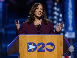 Democratic vice presidential candidate Sen. Kamala Harris, D-Calif., speaks during the third day of the Democratic National Convention, Wednesday, Aug. 19, 2020, at the Chase Center in Wilmington, Del. Republicans keep getting Harris' name wrong, and Democrats say it's not a slip-up. President Donald Trump and Vice President Mike Pence have both mispronounced the Democratic vice presidential candidate's first name in recent days. (AP Photo/Carolyn Kaster)