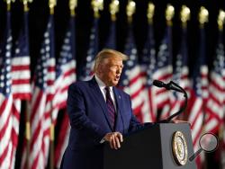 President Donald Trump speaks from the South Lawn of the White House on the fourth day of the Republican National Convention, Thursday, Aug. 27, 2020, in Washington. (AP Photo/Alex Brandon)