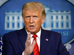 President Donald Trump speaks at a news conference in the James Brady Press Briefing Room at the White House, Monday, Aug. 31, 2020, in Washington. (AP Photo/Andrew Harnik)