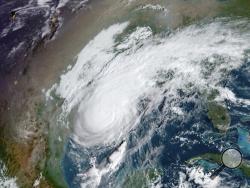 This GOES-16 GeoColor satellite image taken Friday, Oct. 9, 2020, at 10:00 a.m. EDT, and provided by NOAA, shows Hurricane Delta in the Gulf of Mexico. Landfall is expected Friday evening. (NOAA via AP)