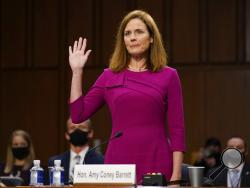 Supreme Court nominee Amy Coney Barrett is sworn in during a confirmation hearing before the Senate Judiciary Committee, Monday, Oct. 12, 2020, on Capitol Hill in Washington. (AP Photo/Patrick Semansky, Pool)