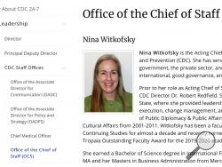 This Tuesday, Oct. 13, 2020 image from the U.S. Centers of Disease Control and Prevention website shows part of page for Nina Witkofsky, new acting chief of staff of the agency. Witkofsky was installed initially as a senior advisor to Dr. Robert Redfield, the CDC's director. In a few weeks, she would take over as the agency’s acting chief of staff and gradually become the person at CDC headquarters who has the most daily interactions with him, the CDC officials said. (CDC via AP)