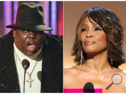 This combination photo shows Notorious B.I.G., who won rap artist and rap single of the year, during the annual Billboard Music Awards in New York on Dec. 6, 1995, left, and singer Whitney Houston at the BET Honors in Washington on Jan. 17, 2009. Houston and the Notorious B.I.G. are among the inductees to the Rock and Roll Hall of Fame's 2020 class. (AP Photo)
