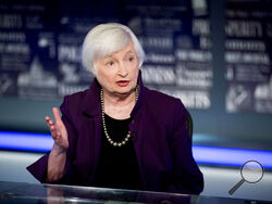 FILE - In this Aug. 14, 2019, file photo former Fed Chair Janet Yellen speaks with FOX Business Network guest anchor Jon Hilsenrath in the Fox Washington bureau in Washington. (AP Photo/Andrew Harnik, File)