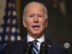 In this Jan. 27, 2021, photo, President Joe Biden speaks in the State Dining Room of the White House in Washington. Biden’s $1.9 trillion COVID-19 relief package presents a first political test. More than a sweeping rescue plan, it's a test of the strength of his new administration, of Democratic control of Congress and of the role of Republicans in a post-Trump political landscape. (AP Photo/Evan Vucci)