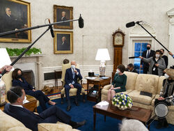 President Joe Biden and Vice President Kamala Harris meet with Republican lawmakers to discuss a coronavirus relief package, in the Oval Office of the White House, Monday, Feb. 1, 2021, in Washington. From left, Sen. Mitt Romney, R-Utah, Vice President Kamala Harris, Biden, Sen. Susan Collins, R-Maine, and Sen. Lisa Murkowski, R-Alaska. (AP Photo/Evan Vucci)