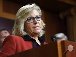 FILE - In this March 6, 2019, file photo, Rep. Liz Cheney, R-Wyo., speaks during a news conference on Capitol Hill in Washington. The Wyoming Republican Party voted overwhelmingly Saturday, Feb. 6, 2021 to censure U.S. Rep. Liz Cheney for voting to impeach President Donald Trump for his role in the Jan. 6 riot at the U.S. Capitol. (AP Photo/Susan Walsh, File)