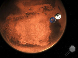 In this illustration made available by NASA, the Perseverance rover casts off its spacecraft's cruise stage, minutes before entering the Martian atmosphere. (NASA/JPL-Caltech via AP)