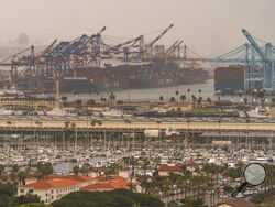 In this Wednesday, March 3, 2021 photo, container cargo ships are seen docked in the Port of Los Angeles. A trade bottleneck born of the COVID-19 outbreak has U.S. businesses waiting for shipments from Asia _ while off the coast of California, dozens of container ships have been anchored, unable to unload their cargo. ( AP Photo/Damian Dovarganes)