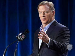 FILE - In this Jan. 29, 2020, file photo, NFL Commissioner Roger Goodell answers a question during a news conference for the NFL Super Bowl 54 football game in Miami. The NFL will nearly double its media revenue to more than $10 billion a season with new rights agreements announced Thursday, March 18, 2021 including a deal with Amazon Prime Video that gives the streaming service exclusive rights to “Thursday Night Football” beginning in 2022(AP Photo/David J. Phillip, File)