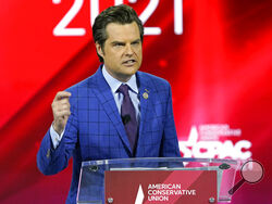 FILE - In this Feb. 26, 2021, file photo Rep. Matt Gaetz, R-Fla.,, speaks at the Conservative Political Action Conference (CPAC) in Orlando, Fla. (AP Photo/John Raoux, File)