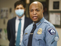File-This Feb. 17, 2021, file photo shows Minneapolis Police Chief Medaria Arradondo addressing the media on preparations for the upcoming Derek Chauvin trial in Minneapolis. The trial of a former Minneapolis police officer in George Floyd's death is expected to turn toward the officer's training on Monday after a first week that was dominated by emotional testimony from eyewitnesses and a devastating video of Floyd's arrest.(Richard Tsong-Taatarii/Star Tribune via AP, Pool, File)