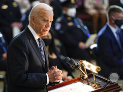 President Joe Biden speaks during a ceremony to honor slain U.S. Capitol Police officer William "Billy" Evans as he lies in honor at the Capitol in Washington, Tuesday, April 13, 2021. (AP Photo/J. Scott Applewhite, Pool)