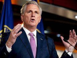 FILE - In this April 22, 2021, file photo, House Minority Leader Kevin McCarthy of Calif., speaks during his weekly press briefing on Capitol Hill in Washington. McCarthy is leading his party to an inflection point. House Republicans are preparing to dump Rep. Liz Cheney from the No. 3 leadership position. If so, McCarthy will have transformed what’s left of the party of Lincoln more decisively into the party of Trump. (AP Photo/Andrew Harnik, File)