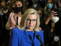 Rep. Liz Cheney, R-Wyo., speaks to reporters after House Republicans voted to oust her from her leadership post as chair of the House Republican Conference because of her repeated criticism of former President Donald Trump for his false claims of election fraud and his role in instigating the Jan. 6 U.S. Capitol attack, at the Capitol in Washington, Wednesday, May 12, 2021. (AP Photo/Manuel Balce Ceneta)