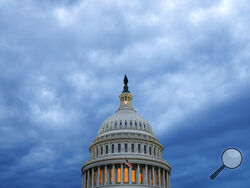 FILE - In this June 12, 2019, file photo, clouds roll over the U.S. Capitol dome as dusk approaches in Washington. The committee charged with helping Republicans wrest control of the House next year raised $45.4 million over the last three months, a record quarterly haul during a year without a national election. (AP Photo/Patrick Semansky, File)