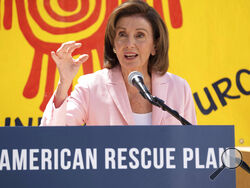 FILE - In his Aug. 10, 2021, file photo, House Speaker Nancy Pelosi speaks regarding the Emergency Rental Assistance program in San Francisco. Nine moderate House Democrats are trying to upend leaders' plans for enacting President Joe Biden’s multi-trillion-dollar domestic agenda. This week, they face a showdown. The nine are outnumbered and their party’s most powerful leaders are against them - Biden and House Speaker Nancy Pelosi. (AP Photo/Nick Otto, File)