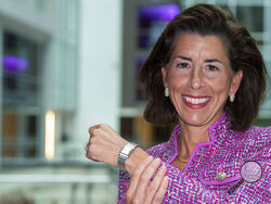 In this Tuesday, Sept. 28, 2021, photo Commerce Secretary Gina Raimondo poses for a photograph with her Bulova watch. Raimondo only wears watches made by Bulova — a company that fired her scientist father, closed its Rhode Island factory and moved production to China in 1983. “It’s been a tribute to my dad," Raimondo said in an interview, “and a reminder to me that we need to do more to get good manufacturing jobs in America.” (AP Photo/Alex Brandon)