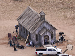 This aerial photo shows a film set at the Bonanza Creek Ranch in Santa Fe, N.M., Saturday, Oct. 23, 2021. Actor Alec Baldwin fired a prop gun on the set of a Western being filmed at the ranch on Thursday, Oct. 21, killing the cinematographer, officials said. (AP Photo/Jae C. Hong)