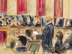 This artist sketch depicts lawyer Scott Keller standing to argue on behalf of more than two dozen business groups seeking an immediate order from the Supreme Court to halt a Biden administration order to impose a vaccine-or-testing requirement on the nation's large employers during the COVID-19 pandemic, at the Supreme Court in Washington, Friday, Jan. 7, 2022. Solicitor General Elizabeth Prelogar, the Biden administration's top Supreme Court lawyer, is seated at right. (Dana Verkouteren via AP)