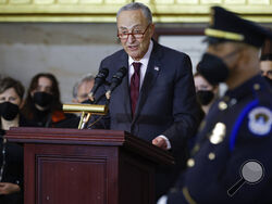 Senate Majority Leader Chuck Schumer of N.Y., speaks during a memorial service for former Senate Majority Leader Harry Reid, D-Nev., into the Rotunda of the U.S. Capitol as Reid lies in state, Wednesday, Jan. 12, 2022, in Washington. (Chip Somodevilla/Pool via AP)