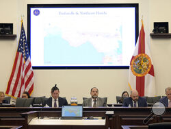 FILe - Florida Sen. Ray Rodrigues, center, views redistricting maps on a video monitor as an identical one is displayed behind him during a Senate Committee on Reapportionment hearing in a legislative session in Tallahassee, Fla. (AP Photo/Phelan M. Ebenhack, File)