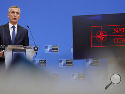 NATO Secretary General Jens Stoltenberg speaks during a media conference after a meeting of the NATO-Ukraine Commission at NATO headquarters in Brussels, Tuesday, Feb. 22, 2022. World leaders are getting over the shock of Russian President Vladimir Putin ordering his forces into separatist regions of Ukraine and they are focusing on producing as forceful a reaction as possible. Germany made the first big move Tuesday and took steps to halt the process of certifying the Nord Stream 2 gas pipeline from Russia