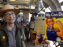 FILE - National Park Service Ranger Betty Reid Soskin smiles during an interview at Rosie the Riveter World War II Home Front National Historical Park in Richmond, Calif., July 12, 2016. Soskin, the nation's oldest active park ranger, is hanging up her smokey hat at the age of 100. She retired Thursday, March 31, 2022, after more than 15 years at the park, the National Park Service announced. Soskin "spent her last day providing an interpretive program to the public and visiting with coworkers," a Park Serv
