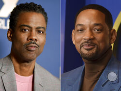 Chris Rock appears at the the FX portion of theTelevision Critics Association Winter press tour in Pasadena, Calif., on Jan. 9, 2020, left, and Will Smith appears at the 94th Academy Awards nominees luncheon in Los Angeles on March 7, 2022. Smith was banned from the Oscars, other film academy events for 10 years for slapping Rock onstage at Academy Awards. (AP Photo)