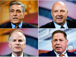 FILE - In this April 1, 2022 photo combination shown from top left are Lou Barletta, Pennsylvania state Sen. Doug Mastriano, R-Franklin, Bill McSwain and David White at a forum for Republican candidates for governor of Pennsylvania at the Pennsylvania Leadership Conference in Camp Hill, Pa. All four leading Republicans in Pennsylvania's governor's race have vowed to ban abortion if given the chance. (AP Photo/Matt Rourke, File)