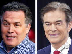 FILE - Pennsylvania Republican Senate candidates David McCormick, left, and Mehmet Oz during campaign appearances in May 2022 in Pennsylvania. (AP Photo/File)