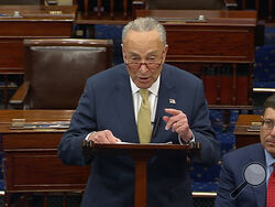 In this image from Senate Television, Senate Majority Leader Chuck Schumer of New York, speak on the Senate floor, Wednesday, May 25, 2022 at the Capitol in Washington. Schumer has quickly set in motion a pair of firearms background check bills in response to the school massacre in Texas. But the Democrat acknowledged Wednesday the refusal for years of Congress to pass any legislation aiming to curb a national epidemic of gun violence. (Senate Television via AP)
