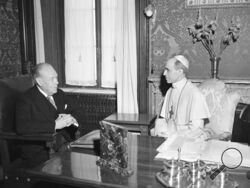 FILE - President Truman's envoy to the Vatican, Myron C. Taylor, left, has an audience with Pope Pius XII at Castelgandolfo near Rome, on Aug. 26, 1947. The Vatican has long defended its World War II-era pope, Pius XII, against criticism that he remained silent as the Holocaust unfolded, insisting that he worked quietly behind the scenes to save lives. Pulitzer Prize-winning author David Kertzer’s “The Pope at War,” which comes out Tuesday, June 7, 2022 in the United States, citing recently opened Vatican a