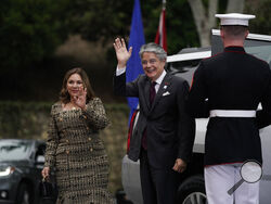 Ecuadorian President Guillermo Lasso and first lady María de Lourdes Alcívar arrive for a dinner at the Getty Villa during the Summit of the Americas in Los Angeles, Thursday, June 9, 2022. (AP Photo/Jae C. Hong)
