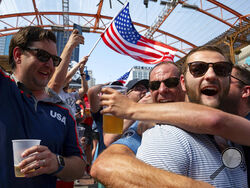 Fans celebrate at KC Live! in the Power and Light District, Thursday, June 16, 2022, in Kansas City, Mo., after it was announced that Kansas City was chosen as a host city the 2026 FIFA World Cup soccer tournament. (Luke Johnson/The Kansas City Star via AP)