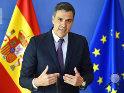 FILE - Spain's Prime Minister Pedro Sanchez speaks at the EU headquarters in Brussels, June 22, 2022. Russia’s invasion of Ukraine is certain to dominate an upcoming NATO summit in Madrid. But host nation Spain and other members are quietly pushing the Western alliance to consider how mercenaries aligned with Russian President Vladimir Putin are spreading Moscow’s influence in Africa. (AP Photo/Geert Vanden Wijngaert, File)