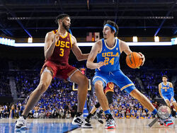 FILE - UCLA guard Jaime Jaquez Jr., right, tries to get by Southern California forward Isaiah Mobley during the second half of an NCAA college basketball game on March 5, 2022, in Los Angeles. UCLA and Southern California are planning to leave the Pac-12 for the Big Ten Conference in a seismic change that could lead to another major realignment of college sports. A person who spoke to The Associated Press on Thursday, June 30, 2022, on condition of anonymity because the schools' talks with the Big Ten have 
