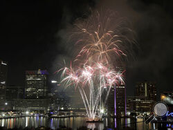 FILE - Fireworks explode over Baltimore's Inner Harbor during the Ports America Chesapeake 4th of July Celebration, Thursday, July 4, 2019, in Baltimore. The city of Baltimore is resuming its Independence Day celebrations after a two-year hiatus. (AP Photo/Julio Cortez, File)