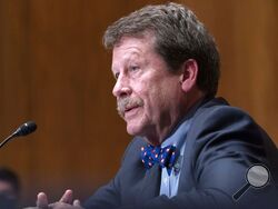 FILE - U.S. Food and Drug Administration Commissioner Robert Califf testifies during a Senate Committee on Health, Education, Labor and Pensions hearing on the nationwide baby formula shortage on Capitol Hill in Washington on May 26, 2022. Califf said Tuesday, July 19, 2022, that he has commissioned an independent review of the FDA's food and tobacco programs following months of criticism over its handling of the baby formula shortage and e-cigarette reviews. (AP Photo/Jose Luis Magana, File)